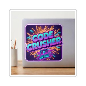 May include: A square sticker with the words "CODE CRUSHER" in a gradient of blue and purple, with a laptop graphic. The design is set against a dark purple background with orange circuit-like lines.