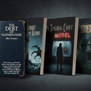 Puede incluir: Una colección de cinco libros de tapa dura con portadas oscuras y atmosféricas. Los títulos incluyen "The Shadow Cut", "The Debt of Nothingness", "Sound Left Behind", "El Tlosinng Chift Motel" y "Zero Review House". Los libros tienen una temática de terror o suspense.