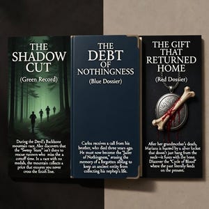 Puede incluir: Tres portadas de libros con los títulos: "The Shadow Cut", "The Debt of Nothingness" y "The Gift That Returned Home". Cada portada presenta un diseño y una combinación de colores diferentes, con texto que describe la trama de cada libro.
