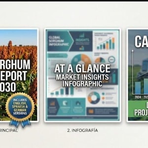 May include: A set of three informational graphics. The first graphic displays "Global Sorghum Market Report 2024-2030" with a field of sorghum in the background. The second graphic is an infographic with the text "At a Glance Market Insights". The third graphic shows a chart with the text "CAGR 6.8%" and "Data-Driven Projections to 2030".