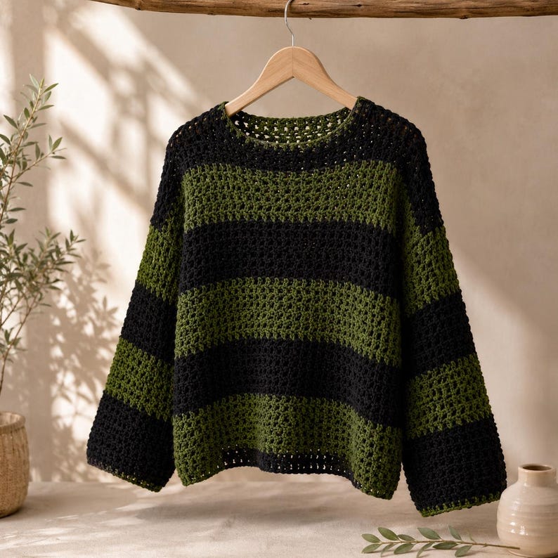 Puede incluir: Un su&eacute;ter de ganchillo de manga larga con anchas rayas horizontales que alternan entre negro y verde oliva. La prenda tiene un cuello redondo y una textura de punto abierto, colgada de una percha de madera sobre un fondo de color neutro.