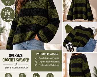 Könnte beinhalten: Ein übergroßer Häkelpullover mit horizontalen Streifen in abwechselndem Schwarz und Olivgrün. Das Kleidungsstück hat einen weiten Rundhalsausschnitt und lange Ärmel mit einer lockeren, offenen Maschenstruktur. Mehrere Ansichten.