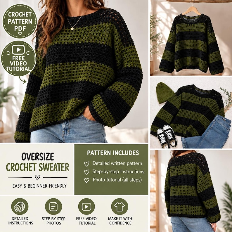 Puede incluir: Un su&eacute;ter de ganchillo de corte oversize con rayas horizontales que alternan entre negro y verde oliva. La prenda presenta un cuello redondo amplio y mangas largas con una construcci&oacute;n de punto abierto. Se muestra en varias vistas.
