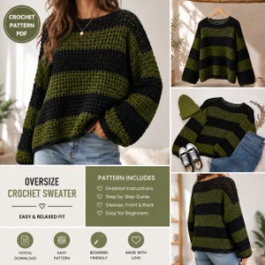 Könnte beinhalten: Ein übergroßer Häkelpullover mit horizontalen Streifen in Olivgrün und Schwarz. Der Pullover hat eine lockere, offene Maschenstruktur mit langen Ärmeln und einem Rundhalsausschnitt. Der Text lautet: Oversize Crochet Sweater, Pattern Includes.