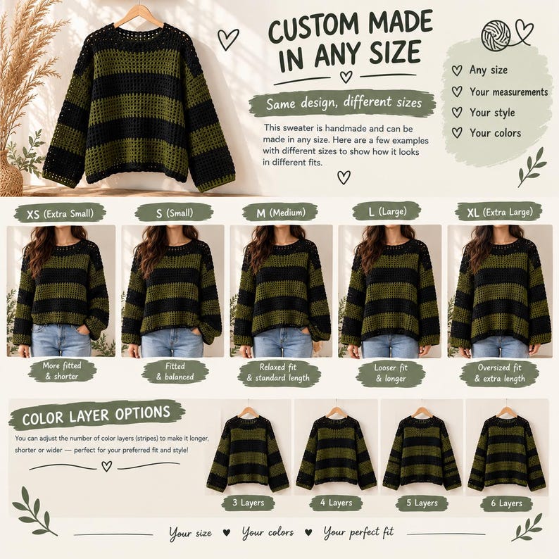 Puede incluir: Un su&eacute;ter de ganchillo hecho a mano con rayas horizontales negras y verde oliva, cuello redondo y mangas largas. La imagen muestra varias tallas desde XS a XL y opciones de capas de color, con el texto CUSTOM MADE IN ANY SIZE.
