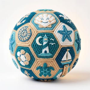 Peut inclure: Une balle crochetée à la main sur le thème nautique. Elle est composée de panneaux hexagonaux bleus, beiges et blancs. Chaque panneau présente des éléments marins et côtiers, dont un phare, une étoile de mer et un coquillage souriant.