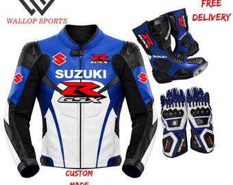 Completo moto Suzuki personalizzato composto da giacca, guanti e stivali in pelle, equipaggiamento da motociclista in pelle bovina, protezione CE.