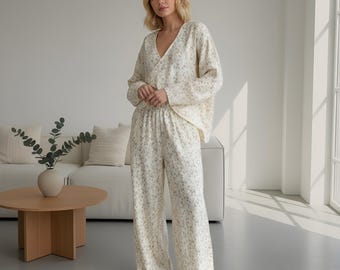 Floral Cotton Pajama Set | Cozy Muslin Sleepwear | Ruffle Trim Long Sleeve Loungewear for Women