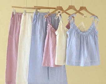 Schickes Pyjama-Set aus Baumwoll-Gaze für Frauen - Süße Rüschenborte, Sommerkomfort, jugendlicher Stil