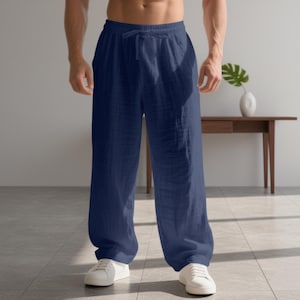 Mens Linen Trousers | Relaxed Fit Drawstring Pants | Breathable Summer Pants Leg |  Lightweight Comfortable Mens Pants