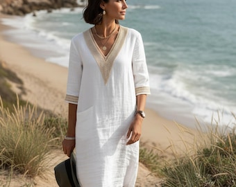 Boho maxi-jurk linnenmix, zomerkaftan met V-hals en ruchemouwen, ademende strandbedekking, lichtgewicht lange jurk voor dames