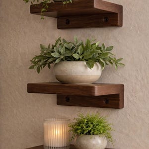 May include: Three dark wood floating shelves mounted on a neutral-colored wall. Each shelf holds a different decorative item: a plant in a stone pot, a ceramic bowl with greenery, and a small candle and plant.