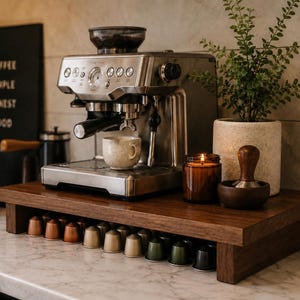 May include: A stainless steel espresso machine on a dark wood coffee station with capsule storage. A lit candle, a small plant in a beige pot, and a wooden tamper are also on the station. The sign on the wall says "Coffee Simple Honest Good."