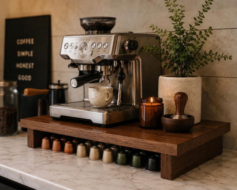 May include: A stainless steel espresso machine on a dark wood coffee station with capsule storage. A lit candle, a small plant in a beige pot, and a wooden tamper are also on the station. The sign on the wall says "Coffee Simple Honest Good."