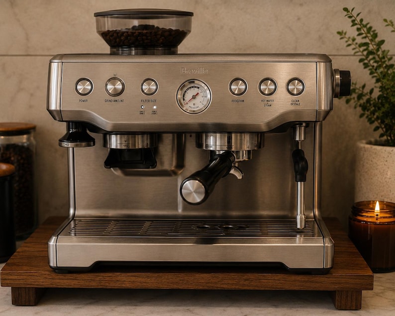 May include: Stainless steel espresso machine with an integrated grinder. The machine features several buttons and a pressure gauge. A clear container on top holds coffee beans. The machine is on a wooden base.
