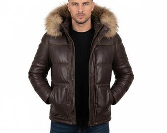 Mens Leather Puffer Jacket | Quilted Fur Hooded Coat | Heavy Duty Winter Outerwear