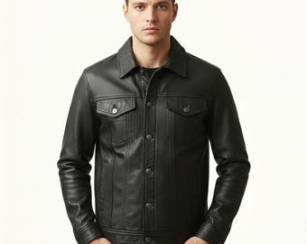 Mens Trucker Jacket - Sheep Leather Biker Style, Black Moto Outerwear - Unique Custom Embroidery