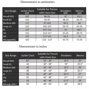 May include: A size chart detailing jacket measurements in both centimetres and inches. The chart provides size ranges from XSmall to 4XLarge, with chest, shoulder, and sleeve measurements. It also indicates the chest size suitable for each size range.
