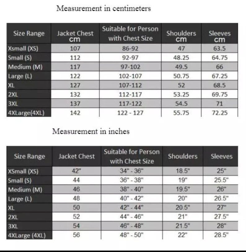 May include: A size chart detailing jacket measurements in both centimetres and inches. The chart provides size ranges from XSmall to 4XLarge, with chest, shoulder, and sleeve measurements. It also indicates the chest size suitable for each size range.
