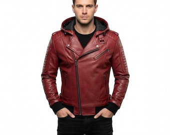 Red and Black Cowhide Jacket | Handmade Hooded Moto | Heavy Duty Racing Coat