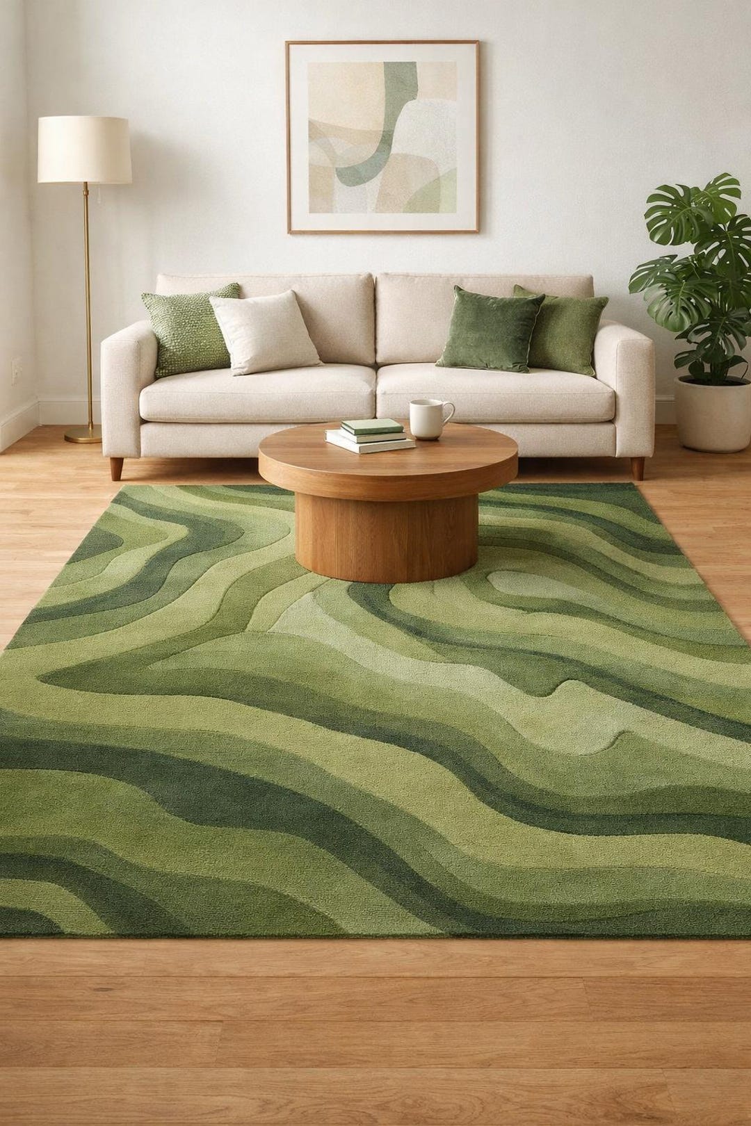 Modern Abstract Wavy Olive Green Area Rug, Tufted Living Room Carpet - Etsy