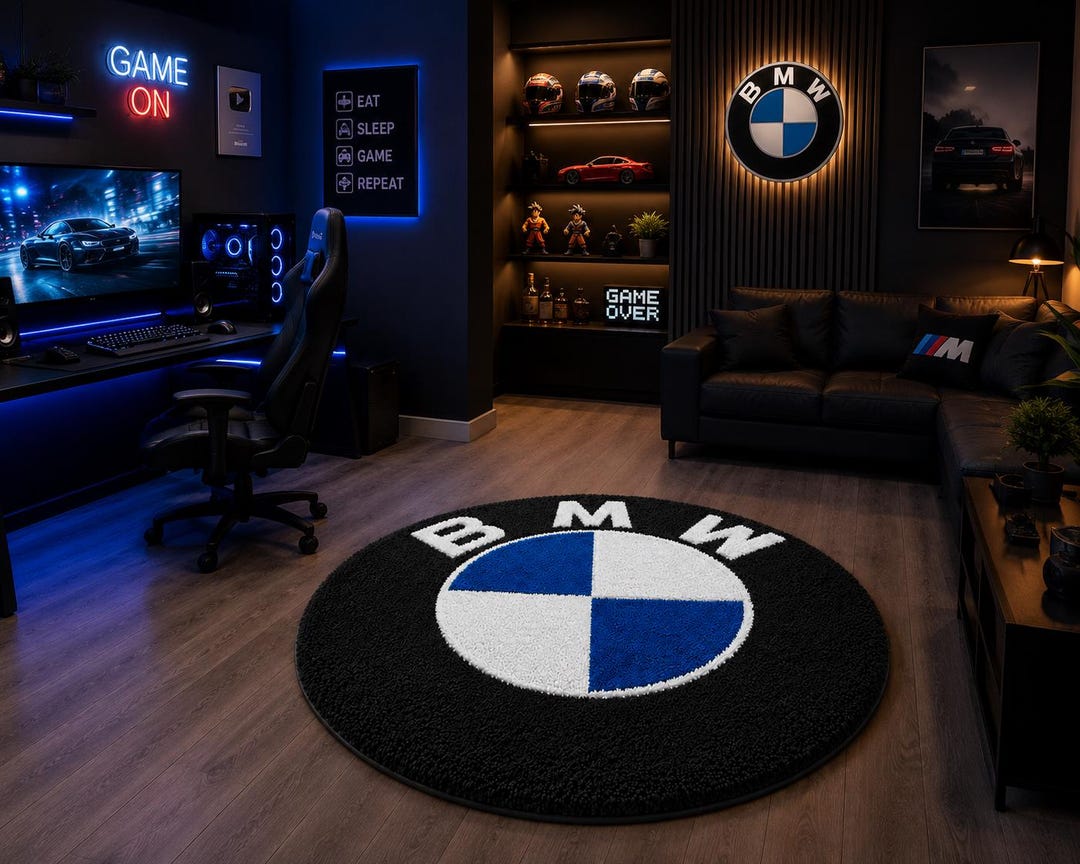 Customize Bmw Rug BMW Inspired Round Area Rug, Luxury Car Theme Rug, Modern Black Blue ...