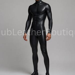 May include: A full-body black leather jumpsuit with a high collar and long sleeves. The jumpsuit has a front zipper and is form-fitting. The text "HubLeatherBoutique" is printed on the image.