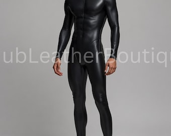 Men's Genuine Sheepskin Leather Bodysuit, Full Length Fitted Zip Front Outfit