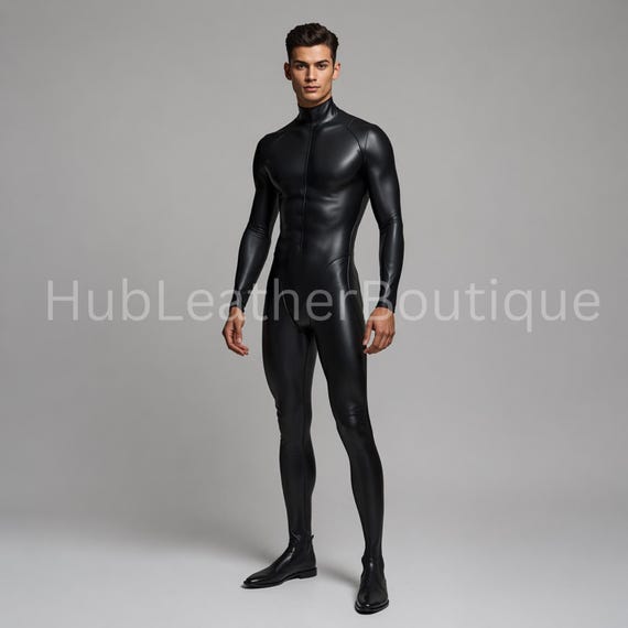 Men's Black Leather Catsuit: Handmade Full Body Slim Fit Jumpsuit
