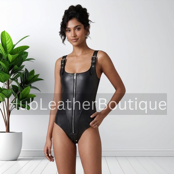 Black Sheepskin Leather Bodysuit – Front Zip Leather One Piece Outfit