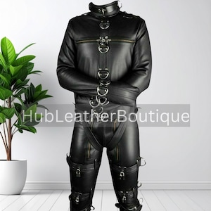 Black Leather Straitjacket with Locking Zip Pants | Genuine Leather Restraint Suit