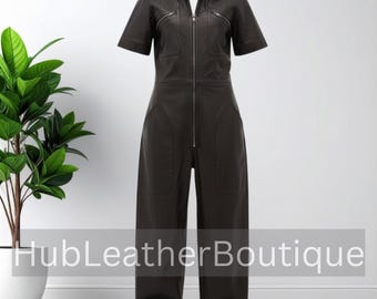 Women’s Black Leather Jumpsuit| Short Sleeve One Piece| Zip Front Leather Romper