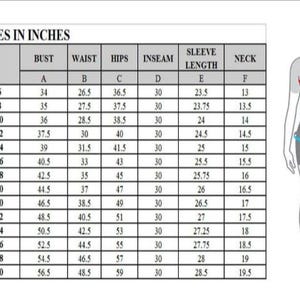 May include: A size chart for women's clothing, displaying measurements in inches. The chart includes bust, waist, hips, inseam, sleeve length, and neck measurements for sizes 6 through 30. A diagram of a woman illustrates where to measure.