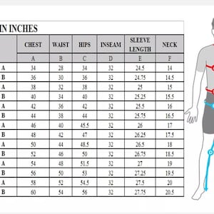 May include: A size chart for men's clothing, displaying measurements in inches. The chart includes chest, waist, hips, inseam, sleeve length, and neck sizes, ranging from small to 4X-large. A diagram of a person is included to illustrate where to measure.