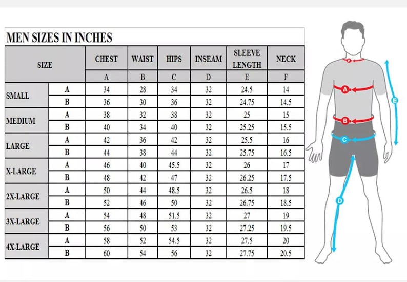 May include: A size chart for men's clothing, displaying measurements in inches. The chart includes chest, waist, hips, inseam, sleeve length, and neck sizes, ranging from small to 4X-large. A diagram of a person is included to illustrate where to measure.