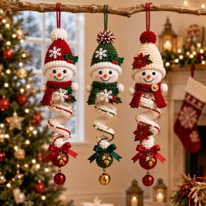May include: Three crocheted snowman ornaments hanging from a branch. Each snowman wears a hat and scarf, featuring a spiral body with beads, a satin bow, and a metal bell at the bottom. The snowmen are decorated with snowflakes, holly, and poinsettias.
