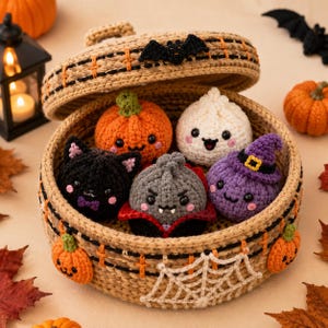 May include: A round, tan crocheted basket with a lid, decorated with a black crocheted bat, orange pumpkins, and a white spiderweb. Inside are five small, plush crocheted figures: an orange pumpkin, a white ghost, a black cat, a vampire, and a purple witch.