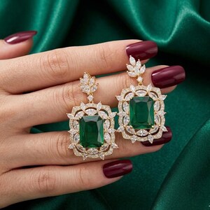 Emerald Cut Green Zirconia Dangle Earrings, Korean Bridal Statement Jewelry