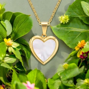 Puede incluir: Un colgante dorado en forma de corazón con un centro de nácar blanco, suspendido de una delicada cadena dorada. El relicario está rodeado de hojas verdes y pequeñas flores amarillas y naranjas, creando una estética natural y elegante.