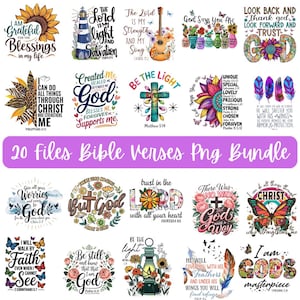 May include: A digital art bundle featuring 20 Bible verses in PNG format. The designs include floral arrangements, butterflies, and inspirational quotes like "Be the Light" and "I am God's masterpiece."
