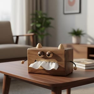 Peut inclure: Boîte à mouchoirs en bois en forme de monstre de dessin animé. La boîte est marron avec des détails en bois clair, dont des cornes et des yeux. Des mouchoirs blancs sont visibles. Elle est posée sur une table en bois brun foncé.