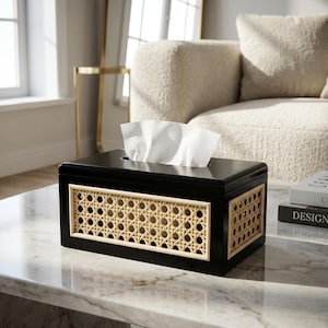 Peut inclure: Un distributeur de mouchoirs noir de forme rectangulaire, orné de panneaux en rotin tressé. Des mouchoirs blancs dépassent du dessus. L'accessoire est posé sur une surface en marbre, un élément décoratif.