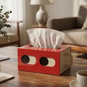 Peut inclure: Un distributeur de mouchoirs rouge et beige au design original. La boîte présente deux grandes découpes circulaires à l'avant, ressemblant à des yeux, et une poignée sur le côté. Des mouchoirs blancs dépassent du haut. Sur une table en bois.
