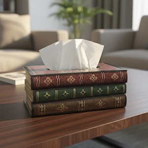 May include: A tissue box designed to resemble a stack of old books. The top book is burgundy with gold detailing, the middle is green, and the bottom is brown. White tissues are emerging from the top. The box is on a dark wooden table.