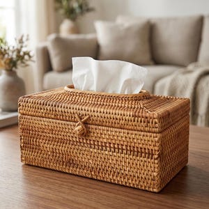 Peut inclure: Un distributeur de mouchoirs rectangulaire en rotin tressé. La boîte est brun clair avec un motif tissé et une petite fermeture décorative en forme de nœud. Des mouchoirs blancs sont visibles, sortant de l'ouverture supérieure. La boîte est sur une table en bois.