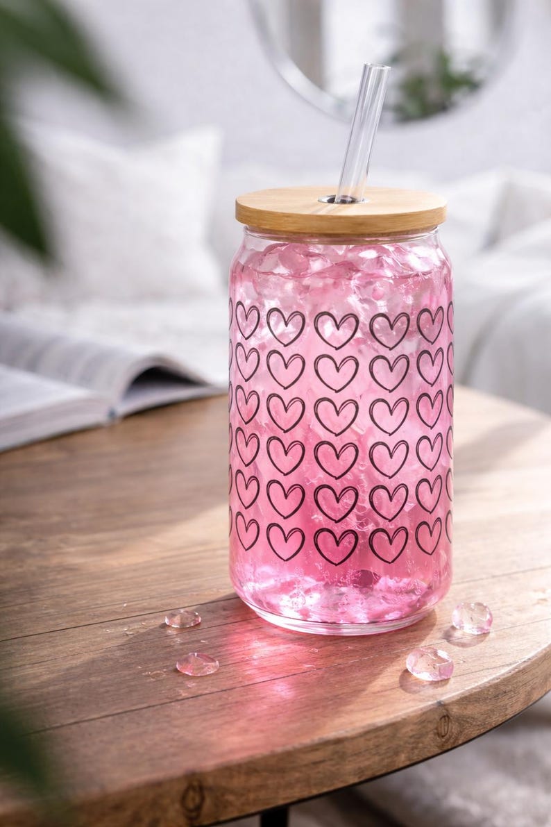 Pink Heart Glass Can Cup 16oz With Bamboo Lid & Straw – Coquette ...
