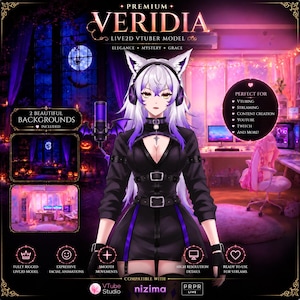 May include: A digital illustration of a white-haired character with cat ears, wearing a black outfit with purple accents, headphones, and a choker. The image includes text labels like PREMIUM VERIDIA LIVE2D VTUBER MODEL and various feature icons.
