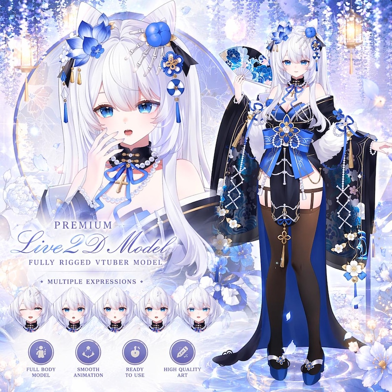 Cute Blue Sakura Vtuber Model Live2d Rigged | Full Body Anime Avatar ...