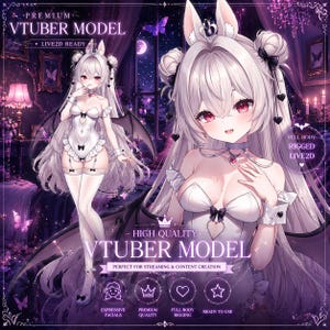 May include: Digital illustration of a white-haired anime character with red eyes, wearing a white outfit and bat wings. The image includes text that reads "VTUBER MODEL" and "LIVE2D READY". The background is a dark purple with butterflies.