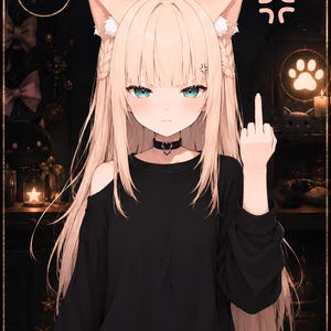 Peut inclure: Une illustration de style anime repr&eacute;sentant un personnage aux longs cheveux blonds, oreilles de chat et yeux bleus, portant un haut noir &agrave; manches longues avec &eacute;paules d&eacute;nud&eacute;es et un ras-du-cou noir avec un c&oelig;ur, faisant un doigt d'honneur.